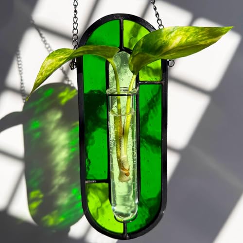 LITMIND Transparent Green Stained Glass Propagation Station - Handcrafted Suncatcher Hanging Planter with 2 Glass Tubes, Multi-Color Hydroponic Wall Décor for Windows, Home & Garden - color: Style C06 (Green Vitality)