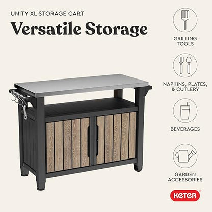 Keter Unity XL Outdoor Entertainment Cart with Wood‑Look Finish, 78‑Gallon Patio Storage Cabinet, Food Prep Station, Stainless‑Steel Top for BBQ, Grill, Patio, Deck & Backyard, Ashwood - color: Ashwood
