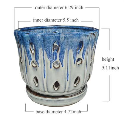 Ceramic Orchid Pot with Drainage Hole 6'' Orchid Planter (Blue Cover White) - color: Blue Over Cream