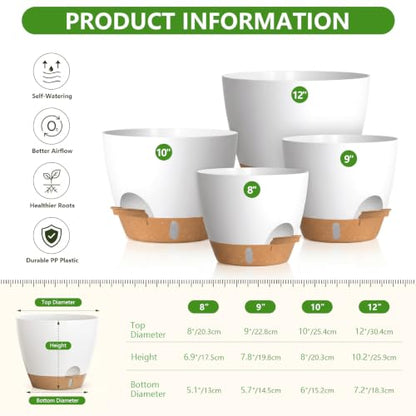 Large Self Watering Pots for Indoor Plants, 12/10/9/8 Inch White