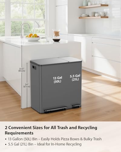 Lovewind Double Trash Can Kitchen, 13+5.5 Gallon Stainless Steel Dual Trash and Recycle Bin Combo with Silent Close Lid, Heavy-Duty Foot Pedal, Easy to Clean Garbage Can for Large Families, Grey - color: Grey, size: 13+5.5 Gallon