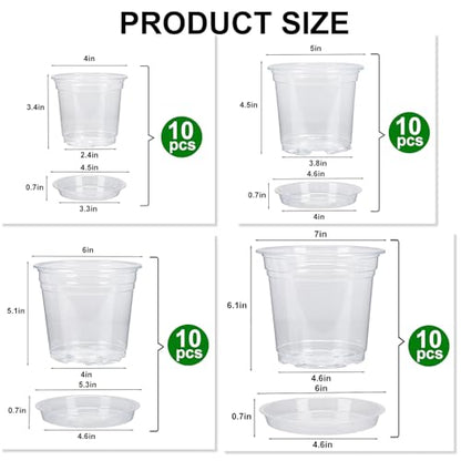 4/5/6/7 Inch 40 Pack Clear Plastic Nursery Pots with Drainage and Saucer - size: 4/5/6/7inch 40pack