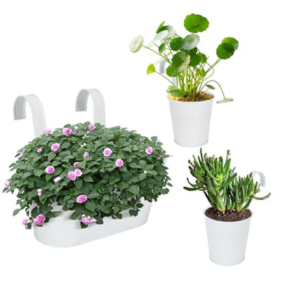 HowRU Metal Iron Flower Pots for Railing Fence Hanging Bucket Pots(5 Pcs) and Hanging Flower Pots Metal Iron Bucket Planter(10 Pcs) (White) - color: White