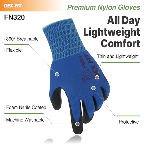 DEX FIT FN320 Precision Grip Work Gloves, 3D-Comfort Fit, Ultra Stretch Nylon Gloves, Lightweight & Flexible for Warehouse Handling, Assembly, Delivery, and Gardening, Blue, M, 1 Pair - color: Blue, size: Medium
