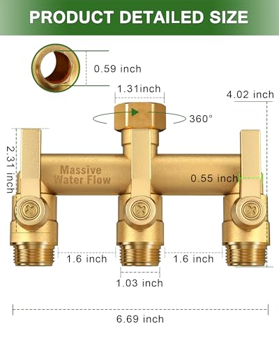 3 Way Hose Splitter Heavy Duty, Solid Brass Full Flow Outdoor Faucet and Garden Hose Splitters, Water Spigot Splitter T Adapter, All Metal Water Connector with Shut-Off Valve, 3/4 - Inch GHT Thread - style: Brass 3 way
