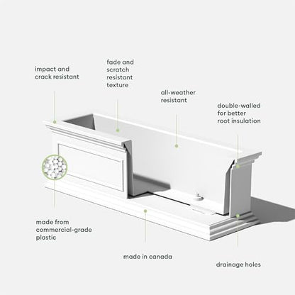 Veradek Brixton Series Window Box Planter - Rectangular Outdoor Planter - color: White, size: 11"H x 11"W x 36"L
