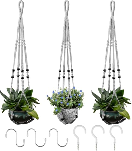 RIFNY Macrame Plant Hanger Indoor, Hanging Plant Holder, Grey, 3 PCS - color: Gray, size: 35 Inch 3pcs