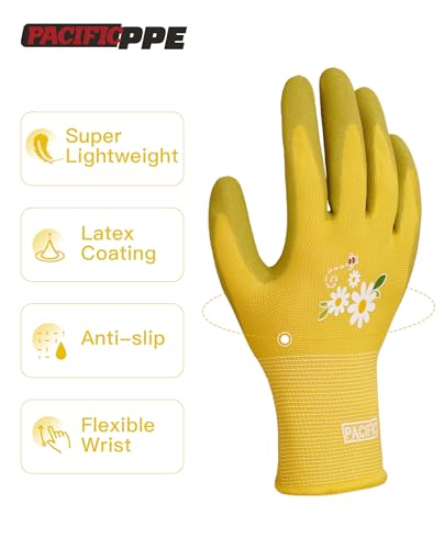 PACIFIC PPE 6 Pairs Gardening Gloves for women, Rubber Coated Garden Gloves, Ladies Yard Work Gloves, Breathable, Yellow, Medium - color: Yellow, size: Medium (Pack of 6)