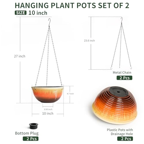 10 Inch Glazed Hanging Planters 2 Pack, Hanging Baskets with Drainage Hole - color: Orange Glaze, size: 10 inch