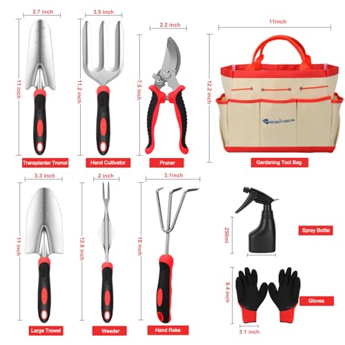 Yesker Gardening Tools 9-Piece Heavy Duty Garden Tool Set Gardening Supplies Gifts for Women Men Gardening Hand Tool Kit with Non-Slip Ergonomic Handle, Garden Bag, Durable Gloves, Pruning Shears, Red - size: 9PCS Black Red