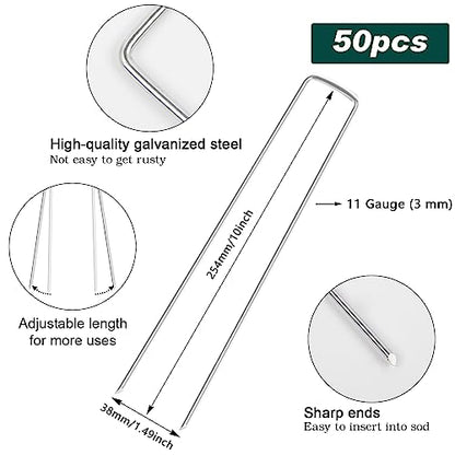FEED GARDEN Galvanized Landscape Staples 10 Inch 50 Pack 11 Gauge Anti-Rust Garden Stakes Landscaping Fabric SOD Pins Yard Stakes for Weed Barrier Fabric (JC-DD-10IN-50) - size: 10 Inch