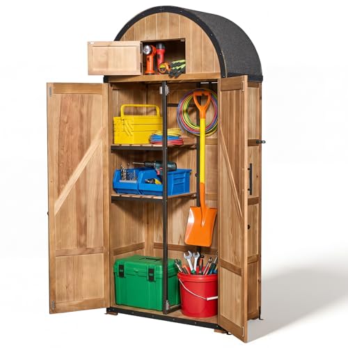 NORTHSKY All-in-One Shed Outdoor Storage, Waterproof Lockable Vertical Garden Shed, Solid Wood Shed Storage Cabinet with Metal Frame & Domed Roof for Patio Backyard Garden Lawn Tool Equipment