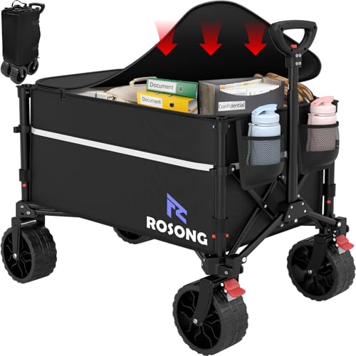 ROSONG Collapsible Wagon Cart with Wheels Foldable - Folding Utility Heavy Duty Wagons Carts for Grocery Sports Garden Shopping Camping Wheelbarrows (Black with Cover, 120L) - color: Black With Cover, size: 120L