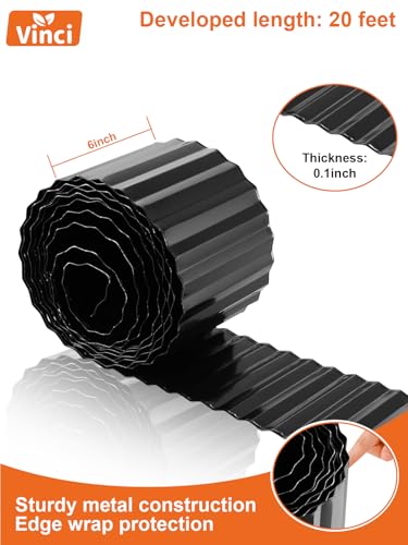 Vinci Garden Landscape Edging Border, 6 Inch x 20 FT Corrugated Sturdy Metal Easy Installation Safe Hemmed Lawn Garden Border Edges for DIY Flower Beds, Pathways and Patio Design (Black) - size: 6 Inch x 20 Ft