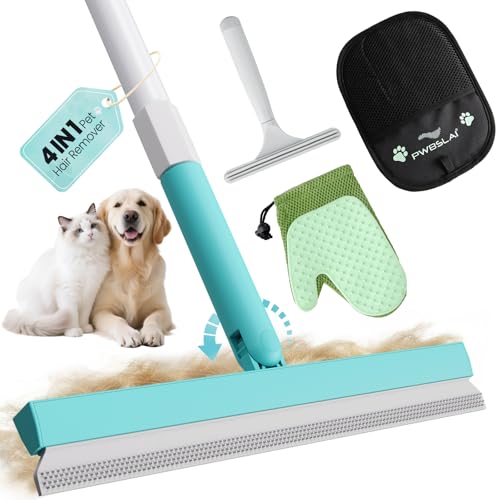 Carpet Rake for Pet Hair Removal Tool - 4 in 1 Pet Hair Remover Kit for Dog Cat Fur Remover, Contain 60" Adjustable Rubber Broom, Glove, Magic Brush and Scraper for Furniture (Blue) - color: Blue