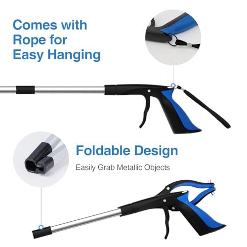 2-Pack Grabber Reacher Tool, 32 Inch Extra Long Steel Foldable Pick Up Stick with Strong Grip Magnetic, 90° Rotating Anti-Slip Jaw, Trash Claw Grabber Tool, Hand Grabber for Reaching, Arm Extension - color: Blue