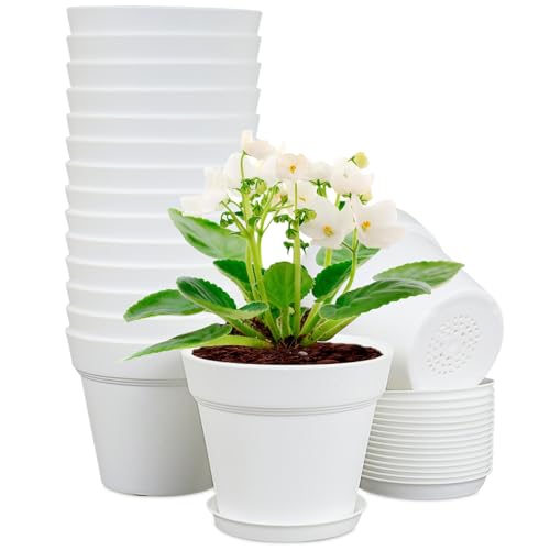 Meowell 6 inch Plastic Nursery Pots, 16 Pack Plant Pots for Indoor Outdoor Plants, Flower Pots with Drainage Holes and Saucers, Decorative Seedling Starter Planters for House Plants, White - color: White, size: 6inch 16pcs