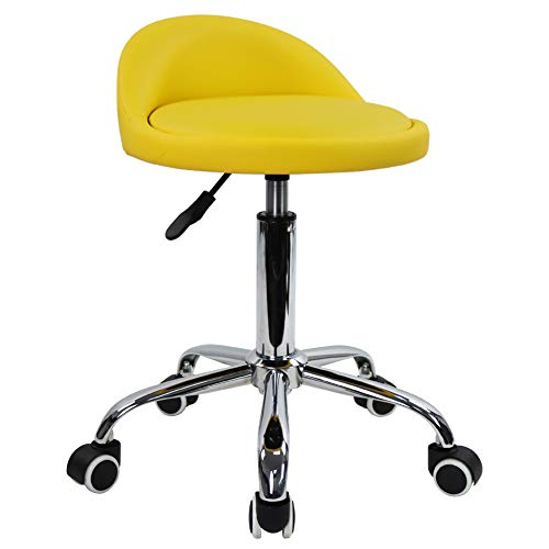 KKTONER PU Leather Round Rolling Stool with Back Rest Height Adjustable Swivel Drafting Work SPA Task Chair with Wheels (Yellow) - color: Yellow