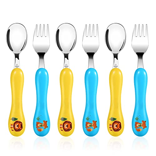 Lehoo Castle Toddler Utensils, 6-Pieces Kids Fork and Spoon Set (Lion) - color: Blue + Yellow