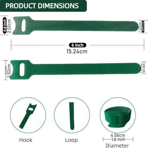 100PCS 6 Inch Reusable Plant Tape,Adjustable Plant Ties with Hook and Loop Design,Soft Garden Ties for Climbing Plants Vines and Outdoor Plants(Green)