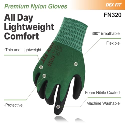DEX FIT Premium Nylon Nitrile Work Gloves FN320, Forest Green, 7 (S) - Machine Washable, 3D-Comfort Stretchy Fit, Firm Grip, Thin & Lightweight, Durable, Breathable & Cool - color: Forest Green, size: Small