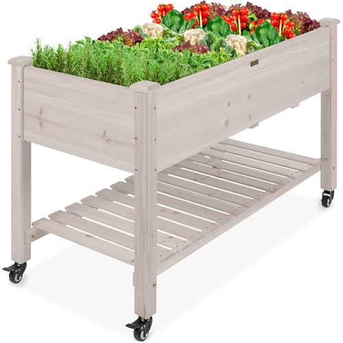 Best Choice Products Raised Garden Bed 48x24x32-inch Mobile Elevated Wood Planter w/Lockable Wheels, Storage Shelf, Protective Liner - White - color: White