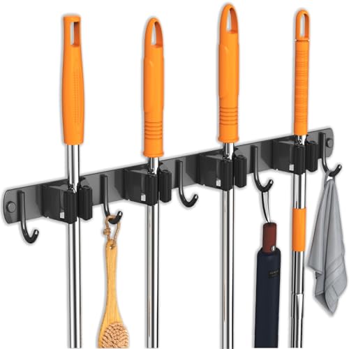 CUXIXA Mop and Broom Holder Wall Mount for Kitchen Laundry Room Decor - color: Black, size: 4 Racks with 5 Hooks