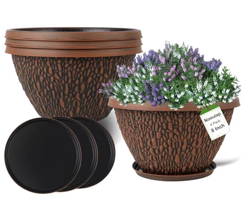 Nooulap 4 Pack 8 Inch Plant Pots Outdoor Indoor, Brown - color: Pebbles Pattern, size: 8 inch