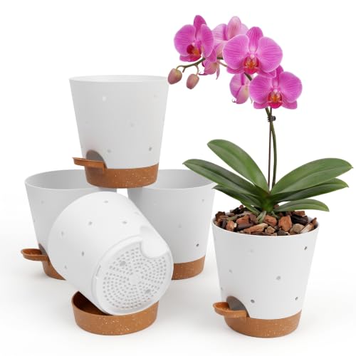Vanslogreen Orchid Pots with Holes, 6 Inches Self Watering Orchid Pot 2 Pack Plastic Planters Pots for Orchid, Flower (White+brown-5Pack) - color: White+brown-5pack