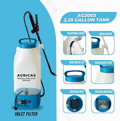 Battery Powered Sprayer 2.35 Gallon, Electric Garden Sprayer for Weed/Pest Control, 6 Nozzles, 50 PSI Pressure, Telescopic Wand, Shoulder Strap, Long-Lasting 12V Battery - color: Model2-AG2003-2.35 Gal