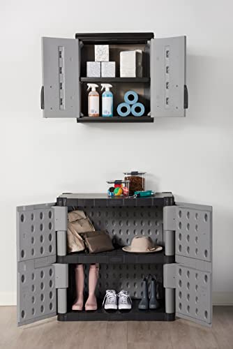 Rubbermaid Wall Mounted Storage Cabinet with Doors 150-Pound Capacity Gray Lockable Three-Shelf Cubbard for Tools/Car Accessories/Cleaning in Home/Garage/Outdoor Areas - size: Small