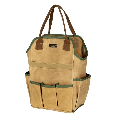 Canvas Tool Bag, 16OZ Waxed Canvas Garden Tool Tote - with 3 Inner Slots & 8 Outer Pockets & Portable Handle, Gardening Tool Storage Bag for Gardener Florist Workshop - Khaki - color: Khaki