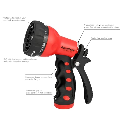 AQUASTAR by Eden AS73370 Rear-Trigger 7-Pattern Hose Nozzle (Red) | Impact-Resistant ABS, Ergonomic Grip, Adjustable Spray Patterns for Lawn & Garden, Vibrant Colors - color: Red