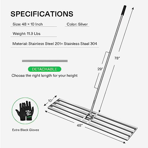VIVOSUN 48" Lawn Leveling Rake, 48" x 10" x 78" Heavy-Duty Stainless Steel Lawn Leveler with 7FT Adjuatble Long Handle for High Effect, Metal Levelawn for Smooth Soil, Rustproof Rakes for Garden Yard - style: 48" x 10" Leveling Rake