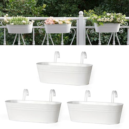 Dahey 15 Inches Railing Planter Box 3 Pcs Metal Hanging Flower Pots, White - color: White