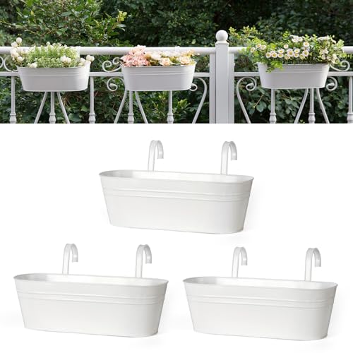 Dahey 15 Inches Railing Planter Box 3 Pcs Metal Hanging Flower Pots, White - color: White