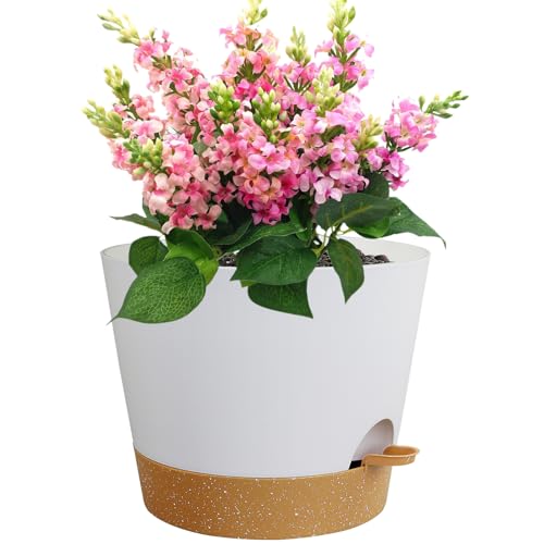 Meowell 12 inch Large Self Watering Pot for Indoor Outdoor Plants - color: White With Brown, size: 12inch A