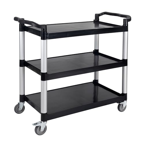 UNICOO® Heavy Duty 3-Tier Rolling Cart, Service Utility Cart on Wheels, 550lbs Capacity, Lockable & Silent Wheels, Anti-Rust, Easy Clean for Restaurant, Office, Dorm, Garage, Kitchen Storage - color: Black
