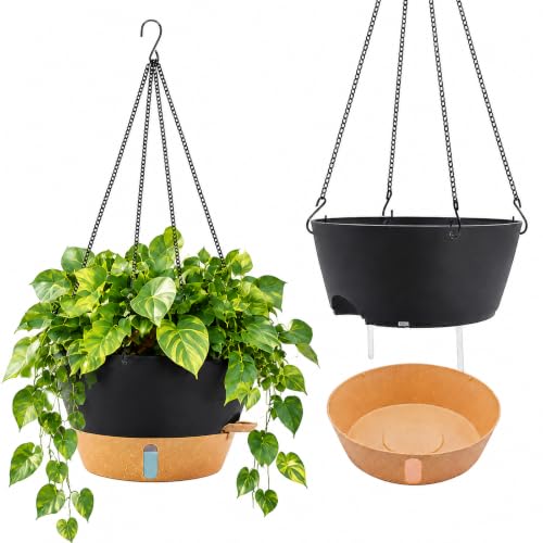 ZMTECH Large 12Inch Self Watering Hanging Planter, Water Window & Chain - color: Dark Gray