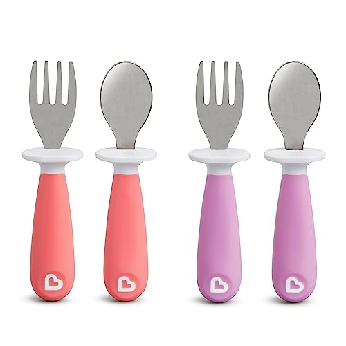 Munchkin® Raise™ Toddler Fork and Spoon Utensil Set, Rest Keeps Tip Off Table, BPA Free, 4 Pack, Pink/Purple - color: Pink/Purple, size: 4 Pack