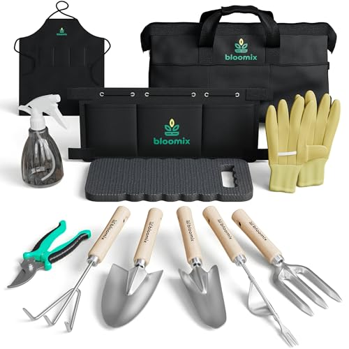 Bloomix 12 Pcs Gardening Tools Set - Heavy Duty Garden Tools Set with Tool Bag, Kneeling Pad, Apron & More Garden Accessories - Stainless Steel Plant Care Kit Supplies, Gardening Gifts for Women Men