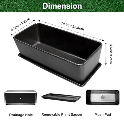 SQOWL Rectangle Planter - 10 Inch Ceramic Plant Pots with Drainage Hole and Saucer, Rectangular Succulent Planters for Indoor Plants, Flower Cactus Herb Pots Outdoor, Room Decor, Garden Gifts, Black