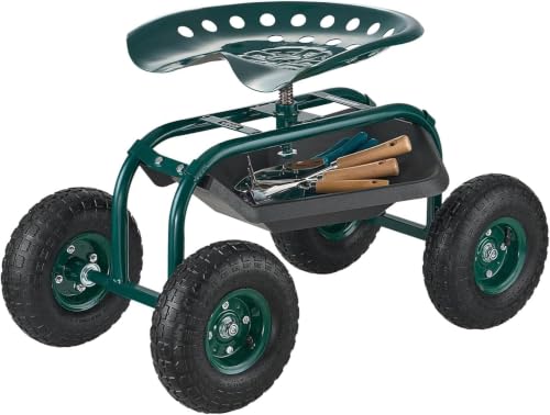 VEVOR Rolling Garden Cart with Swivel Seat, Heavy Duty Garden Seat with Storage Basket & Tool Tray, 300 lbs Weight Capacity, Outdoor Utility Gardening Stool Scooter for Lawn Yard Planting Weeding - color: Black