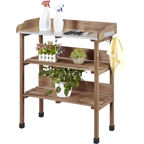 Yaheetech Potting Bench Outdoor Console Table w/3-Tier Storage,Brown - color: Brown