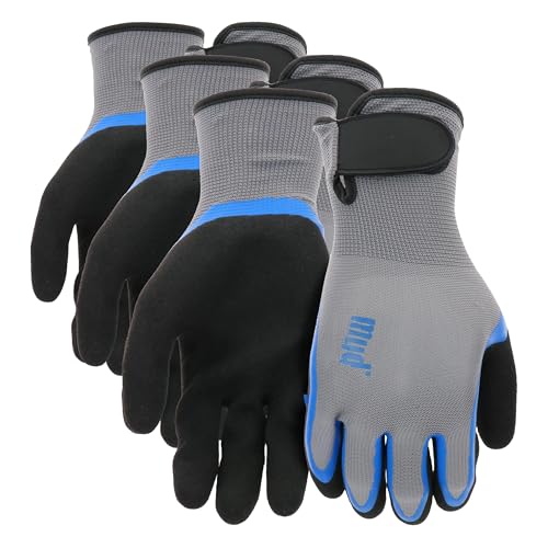 MUD Men's Simply, Hook & Loop Dual Dip Latex Garden Gloves, Grip, Water Resistant, Gray, Large/X-Large (MD32021G-LXL) (Pack of 3) - size: Large-X-Large (Pack of 3)