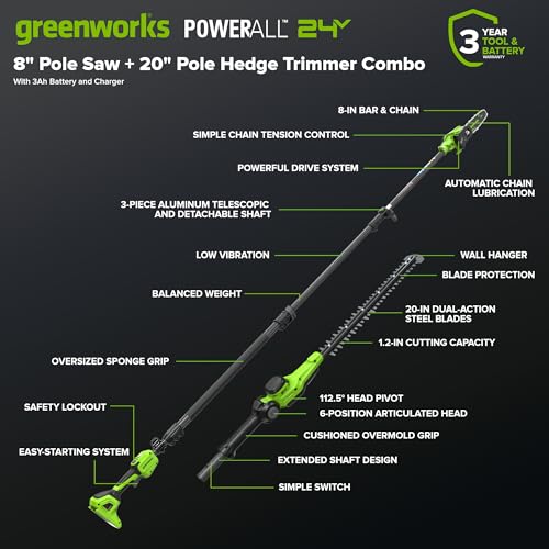Greenworks 24V 8 in Pole Saw/Pole Hedge Kit, 3.0 Ah Battery and Charger - size: 8" Combo (3.0Ah), style: Telescopic Pole Saw