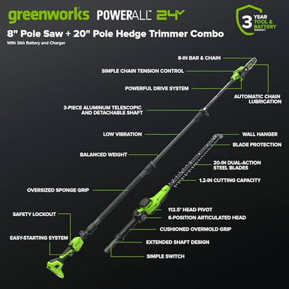 Greenworks 24V 8 in Pole Saw/Pole Hedge Kit, 3.0 Ah Battery and Charger - size: 8" Combo (3.0Ah), style: Telescopic Pole Saw