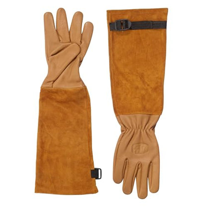 FELCO Extra Large Brown/Tan Leather Rose Gardening Gloves - Thorn Resistant Gauntlet Cuff with Nylon Strap and Buckle - size: X-Large