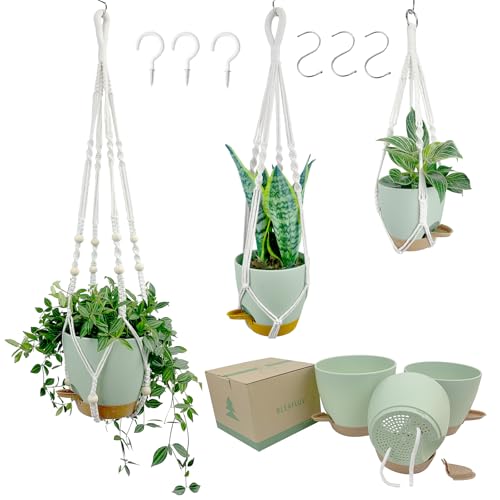 Hanging Planters with Macrame Plant Hangers for Indoor Outdoor Plants, 3 Set Hanging Baskets Flower Pots Holders 35''/27''/21'', Self-Watering Pots 7''/6''/5.5'', Boho Home Decor, Green - color: Green