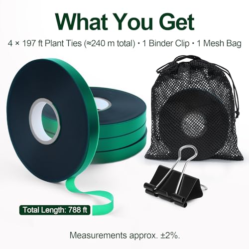 Plant Tie Tape – 4 Rolls (788 ft) Stretch Vinyl (PVC), 0.5" Wide, Non-Adhesive Garden Ties for Stems & Poles – Includes Mesh Bag & Binder Clip (788 ft) - size: 788 ft